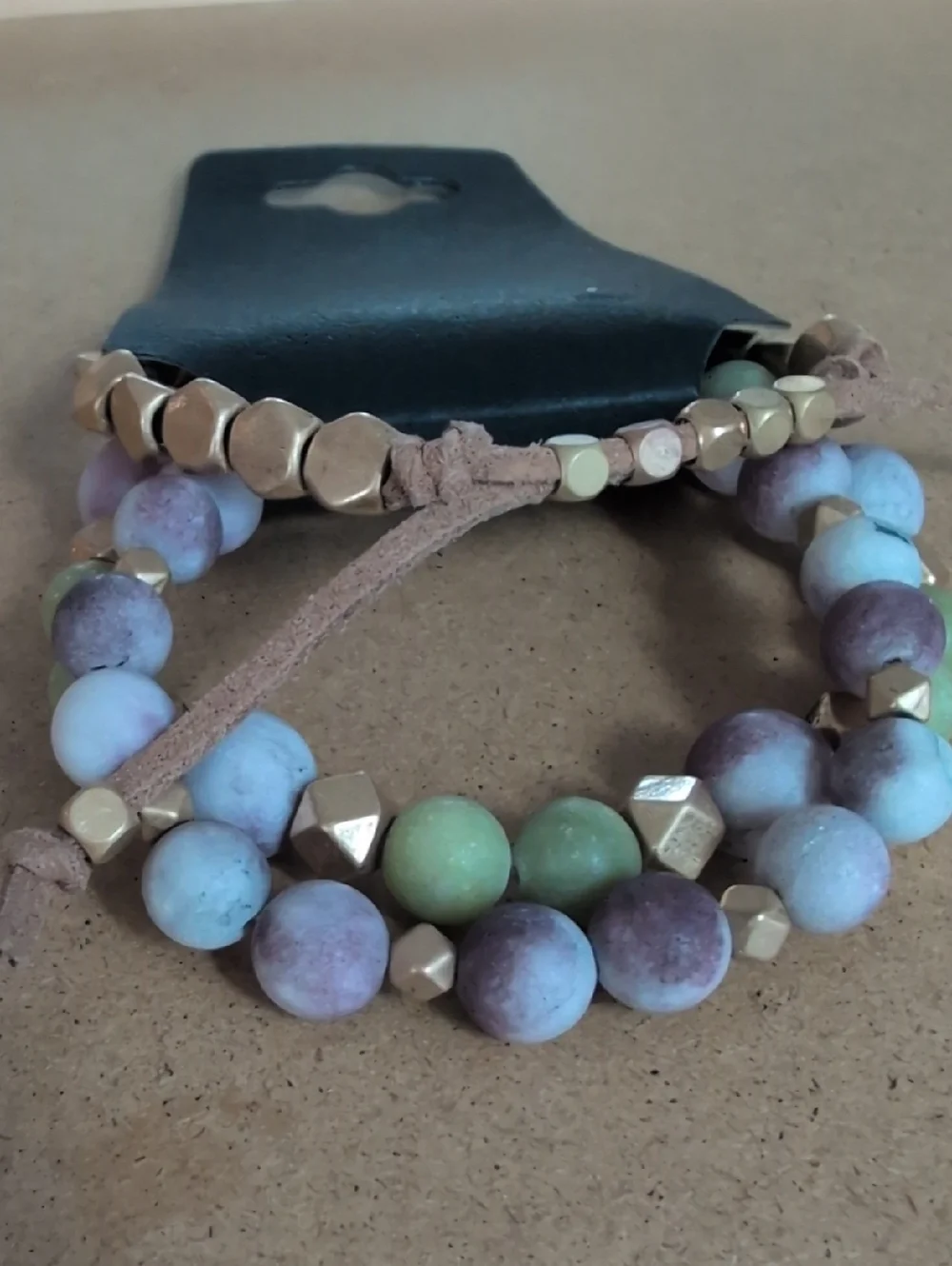 Matte Bead Stretch Bracelet Set with Gold Accents - Green & Purple
